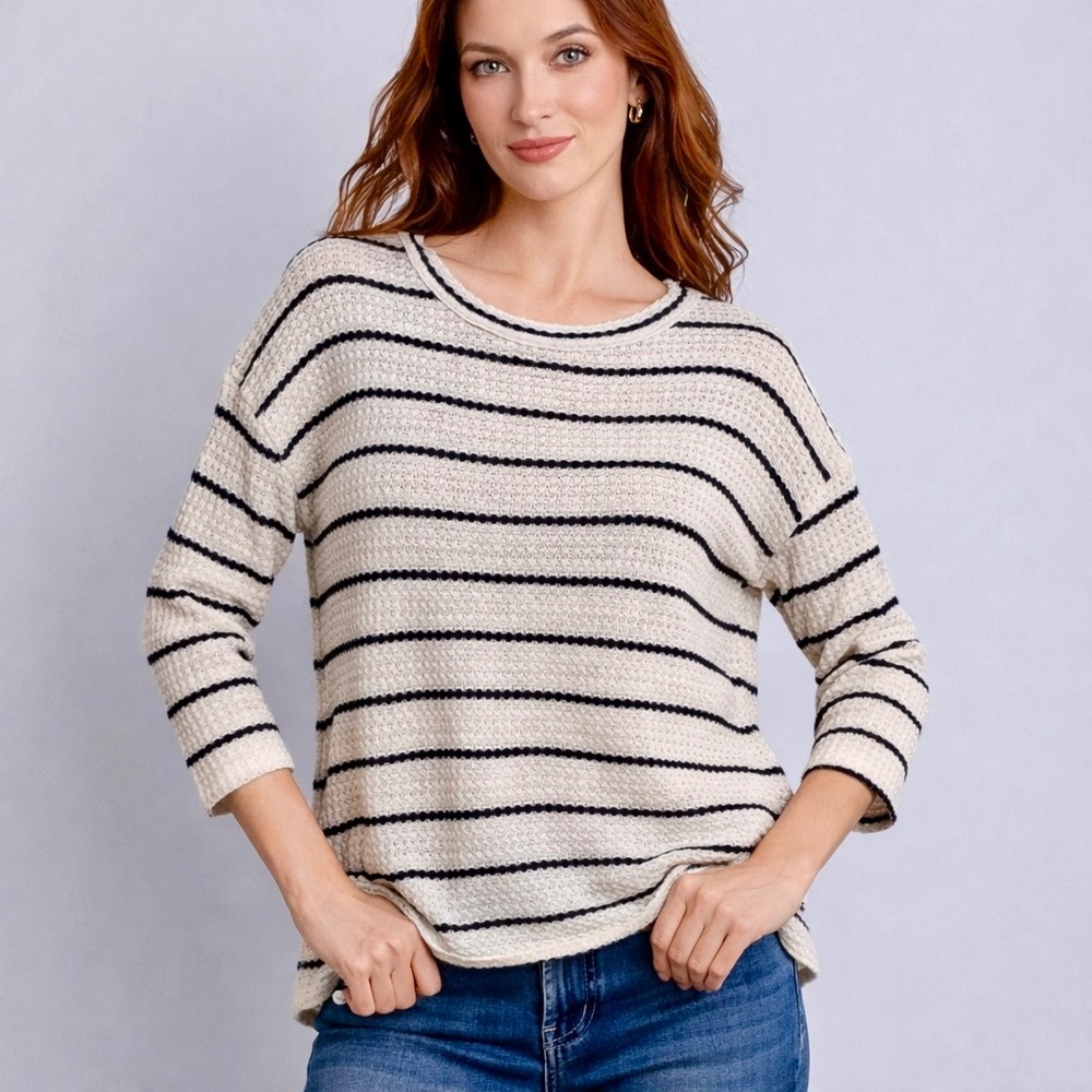 Relaxed Coastal Stripe Knit Sweater Cream Black Waffle Texture Top‎ Size M